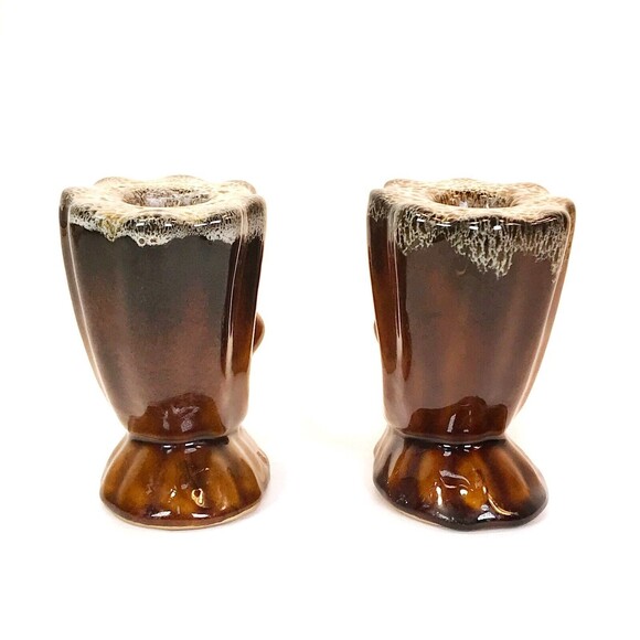Anna Van Briggle Pottery Brown Drip Horn Cornucopia Candle Holder Pair RARE VTG - Picture 4 of 11